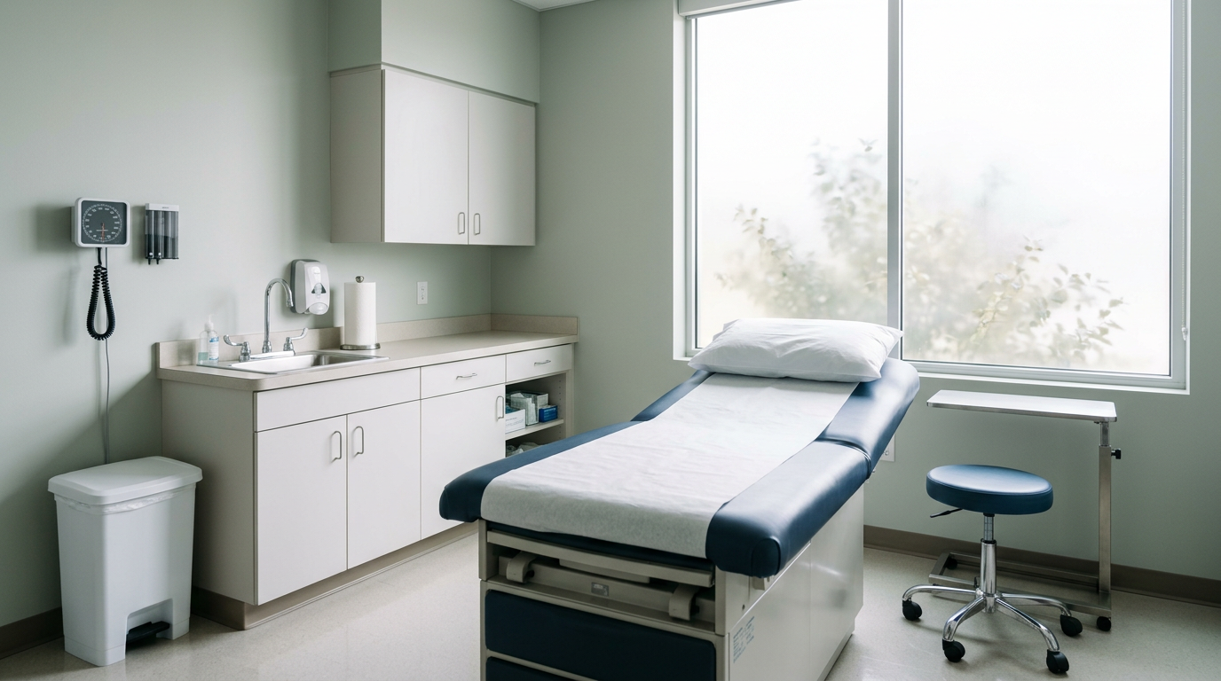 A tidy urgent care exam room with wipeable surfaces