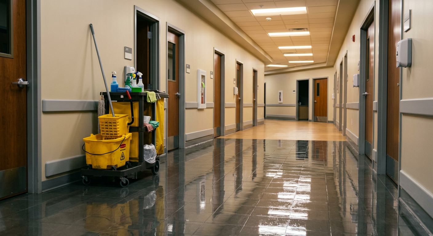 An evening clinic corridor with a cleaning cart beside a freshly mopped floor