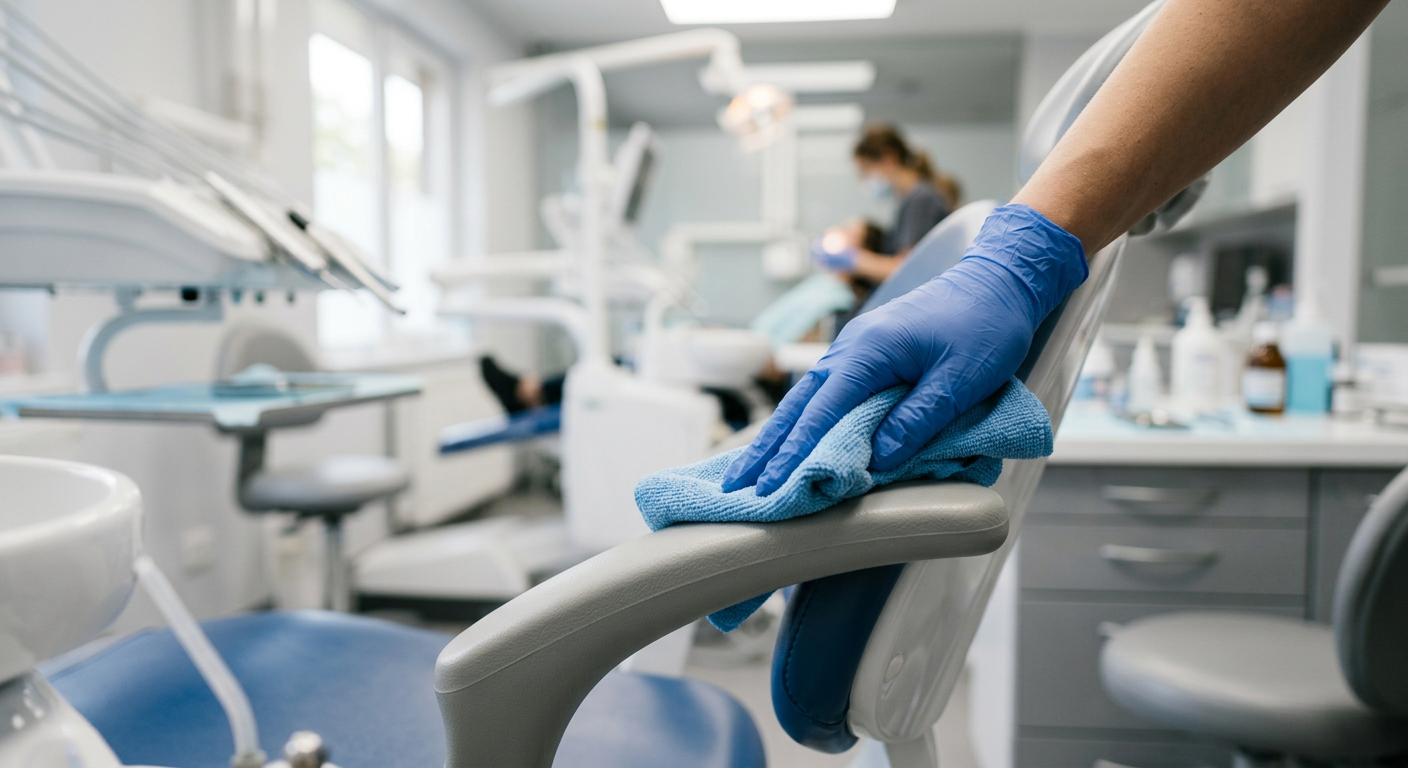 A gloved hand wiping the armrest of a dental chair with a blue cloth