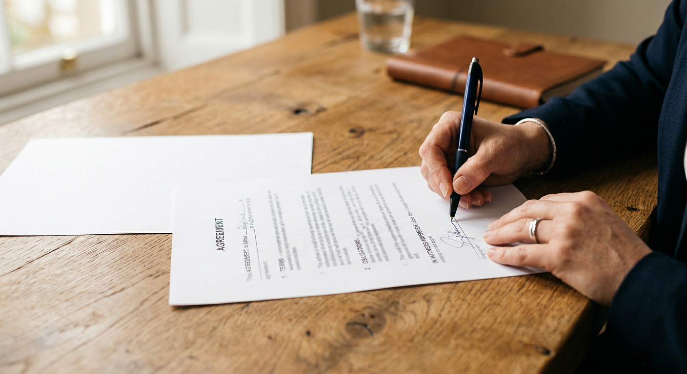 A hand signing a paper agreement with a pen