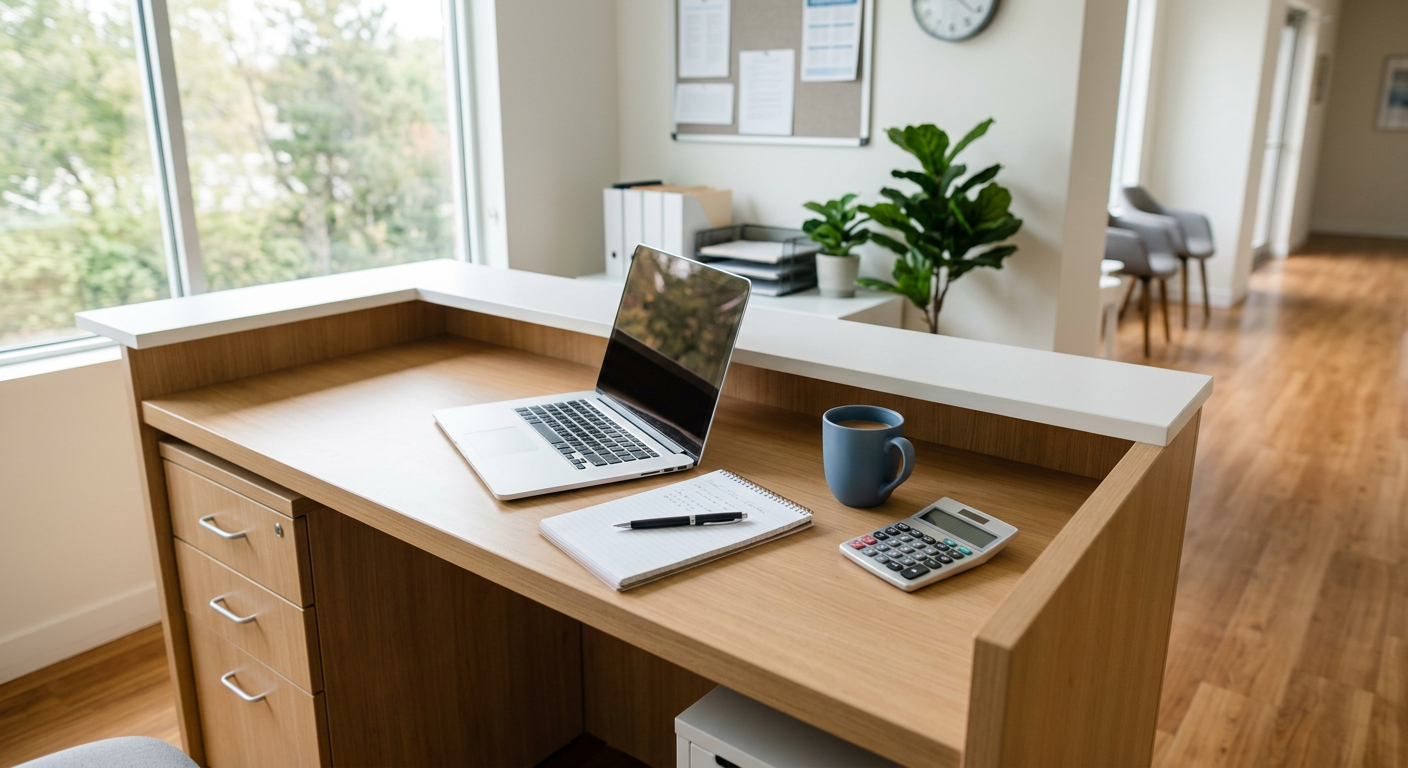 A clinic front desk with a laptop, notepad, pen and calculator