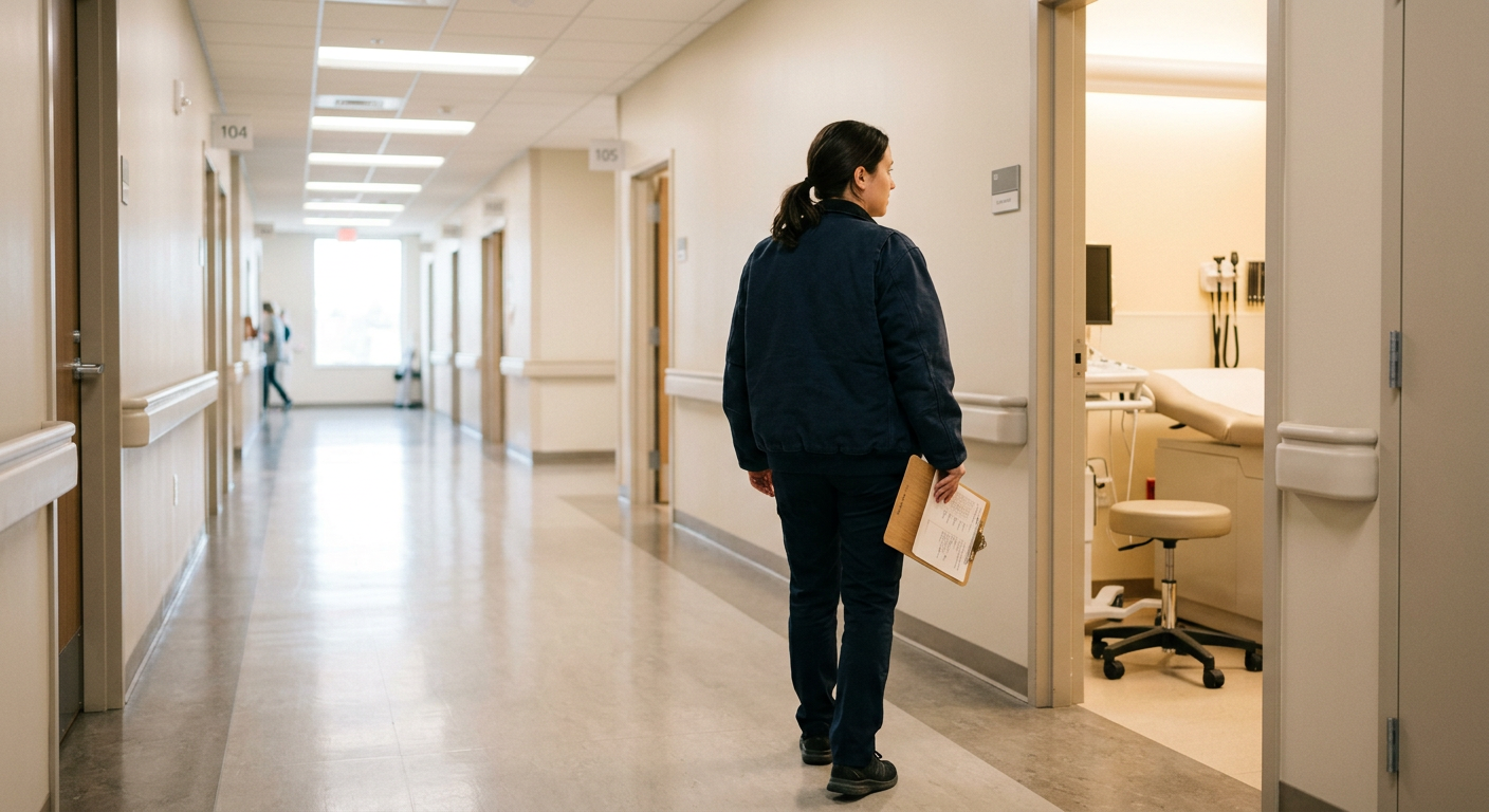A person in a work jacket with a clipboard walking a clinic hallway